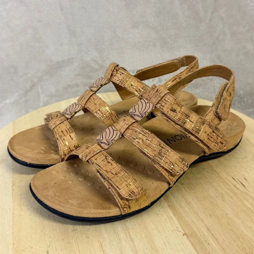 Vionic Amber Cork Gold Fleck Adjustable Slingback Sandals 44AMBER Women 9